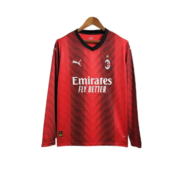 Camisa Milan Home 23/24 - Manga Longa - Torcedor Puma Masculina - Vermelho e Preto